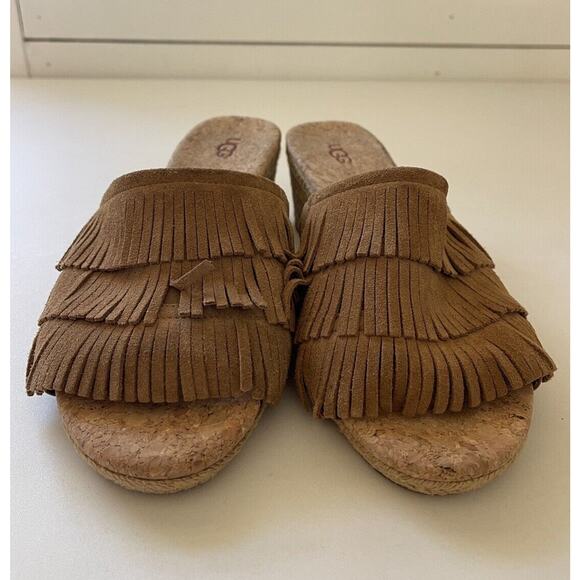 Ugg Kendra Wedge Sandals Tan Leather Fringe Size 10 - Picture 6 of 10